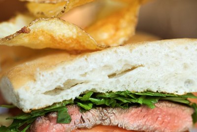 Close-up of steak sandwich