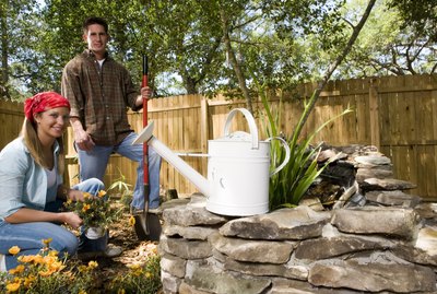 Portrait of cheerful young woman holding plant while young man standing with shovel