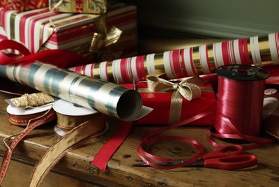 Pile of Christmas wrapping, ribbon and tape