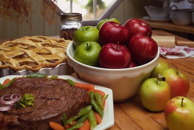 Roast beef and apple pie in a country kitchen