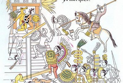 Spanish conquistadors attack an Aztec temple