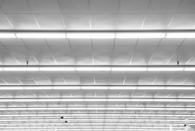 Fluorescent lights on ceiling, low angle view