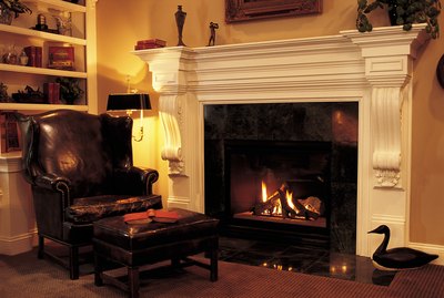 Leather chair in front of fireplace
