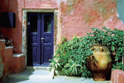 Potted plants outside a house, Santorini, Greece