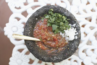 High angle view of a bowl of salsa