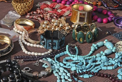 Jewelry necklaces and vintage bracelets for sale at flea market