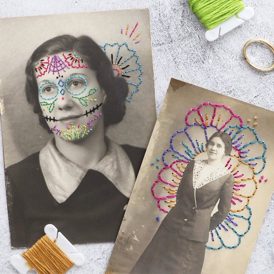 Embroidered vintage photos with supplies scattered around
