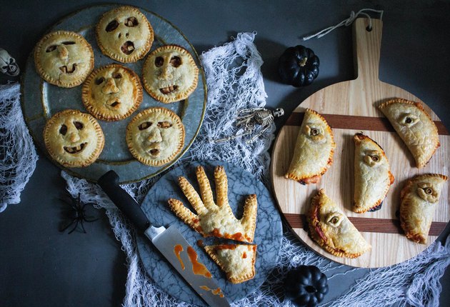 Shrunken head pies, severed hand pie, and creepy eye calzones