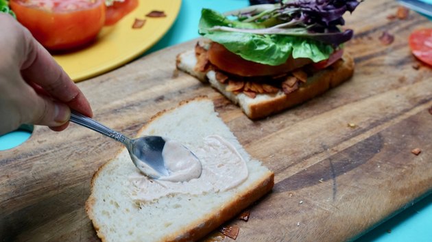Making an amazing vegan BLT with coconut bacon.