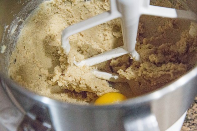 Mixer with creamed butter, sugar, and eggs