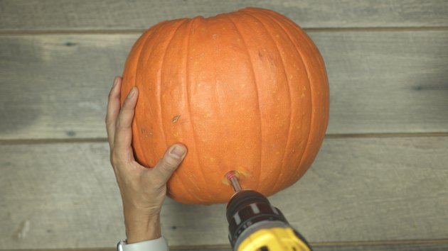 Using Forstner drill bit to cut a hole into a pumpkin to make DIY Pumpkin Keg