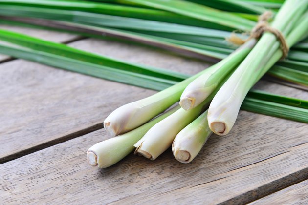 Fresh lemongrass on wooden texture in cooking concept.