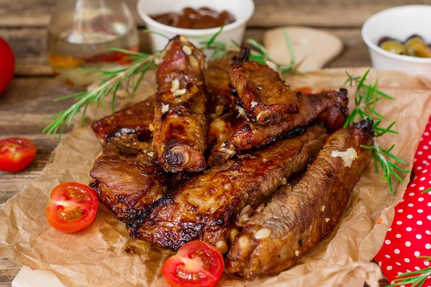Baked barbecue glazed spare ribs of pork riblets with garlic