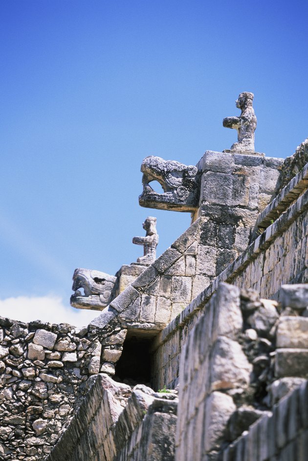 Figurine carvings on the Temple of Warriors at Chichen-Itza, Yucatan, Mexico, close-up