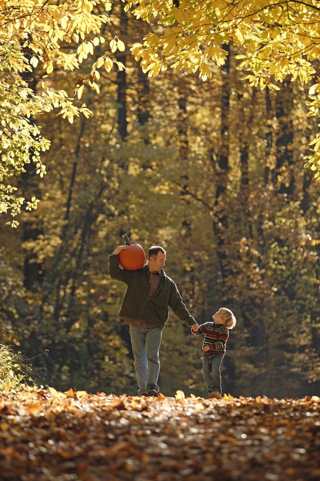 Father and son walking through fall forest with pumpkin