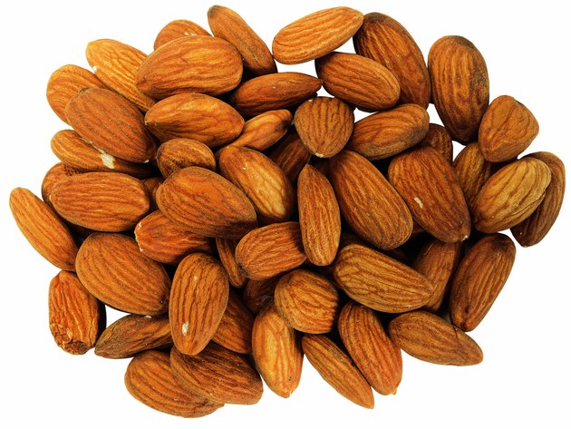 close-up of unpeeled almonds