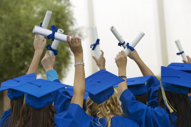 Group of Graduates Dressed in Graduation Gowns Holding Scrolls in the Air