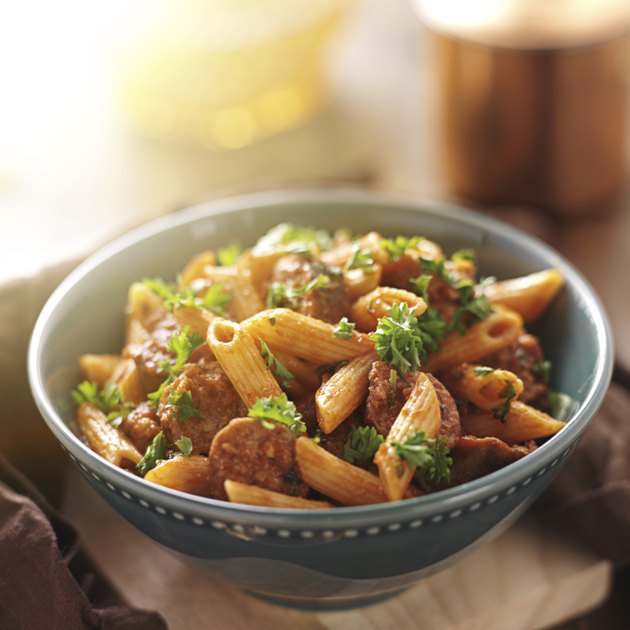 bowl of rigatoni pasta with sausage