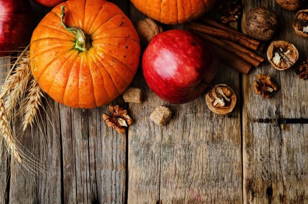 wood background with pumpkin, apples, wheat, honey and nuts. the toning. selective focus