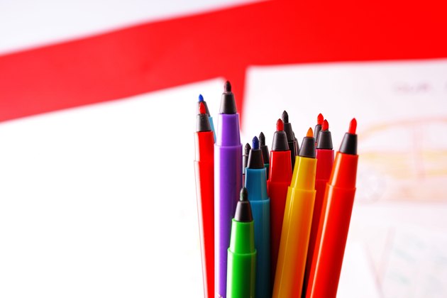 Extreme close up of sketch pens arranged in a box