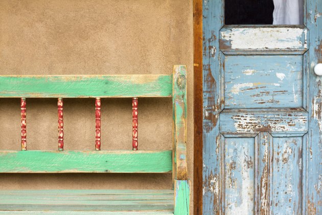 Santa Fe Style: Rustic Porch, Old Blue Door, Adobe Wall