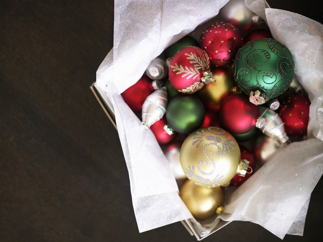 Basket full of Christmas ornaments