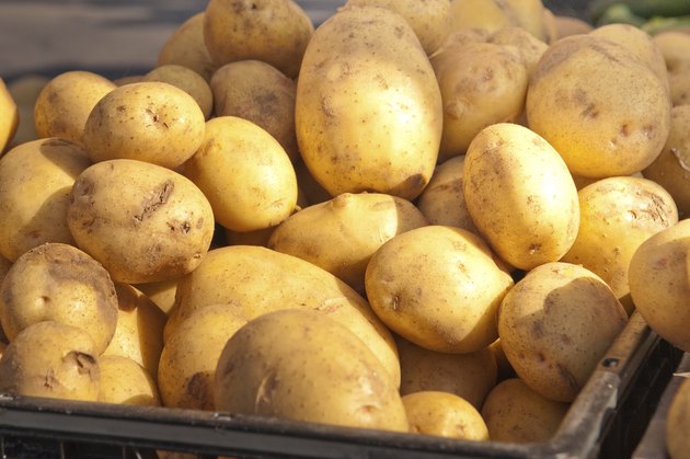 Closeup of russet potatoes.