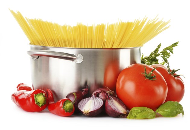 Stainless pot with spaghetti isolated on white