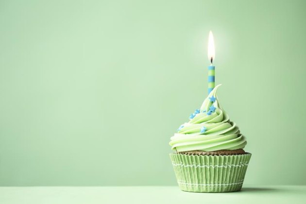 Green birthday cupcake with copy space to side