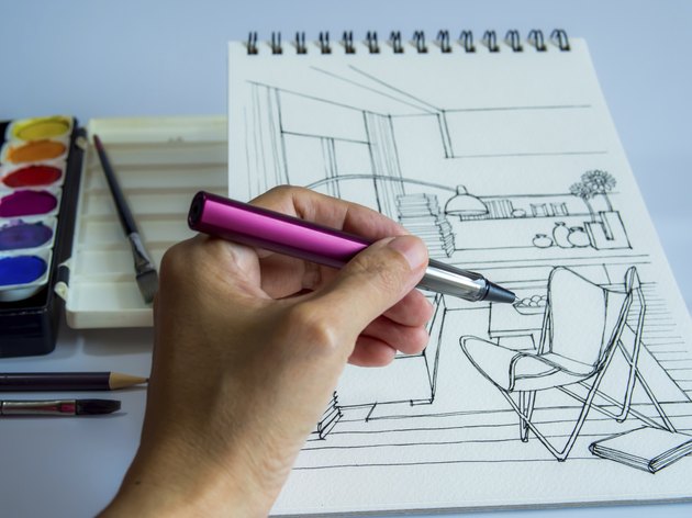 Designer's hand drawing interior perspective view of modern living room