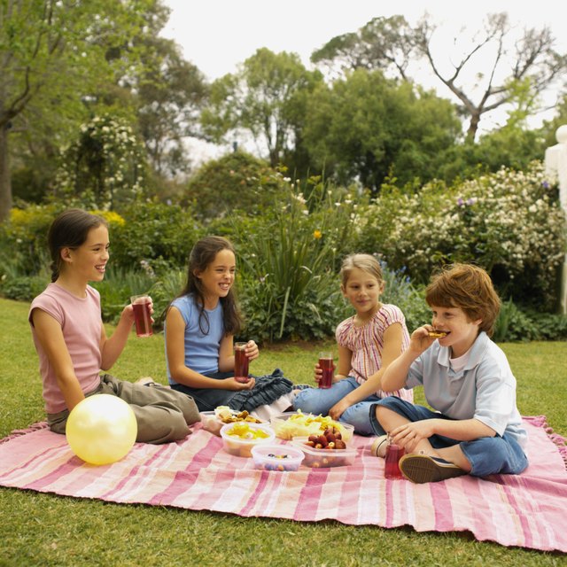 Four children having picnic in garden (8-12)