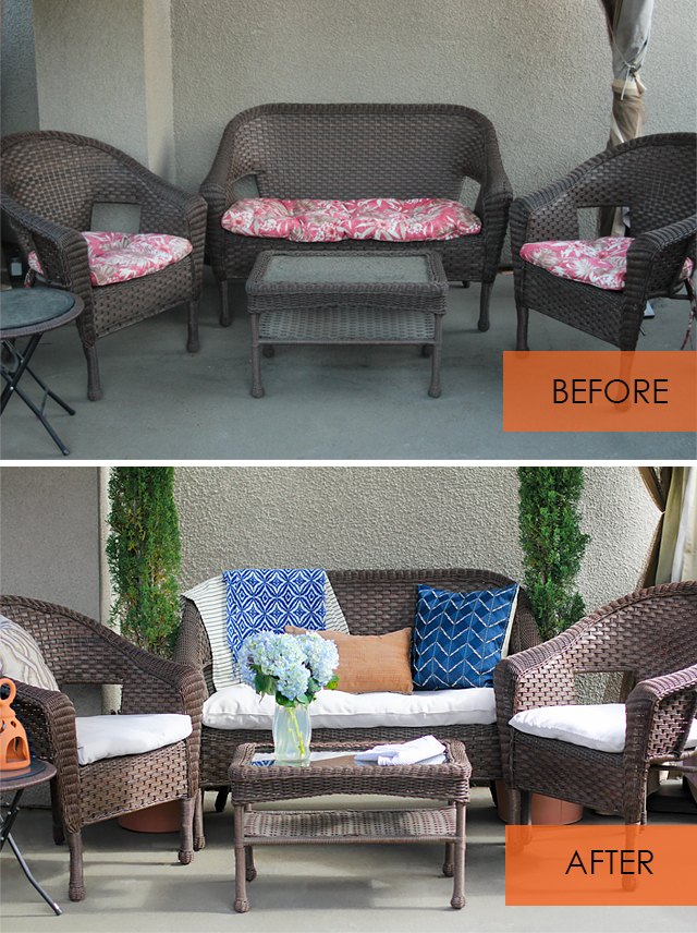 No Sew Project: How to recover your outdoor cushions using fabric