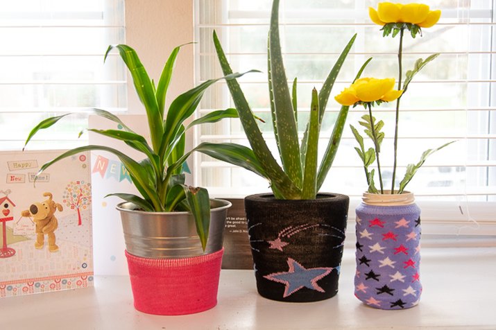 use socks to decorate plant pots