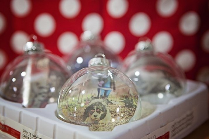 Handmade decorations consisting of a store-bought glass ball with a personalized photo inside
