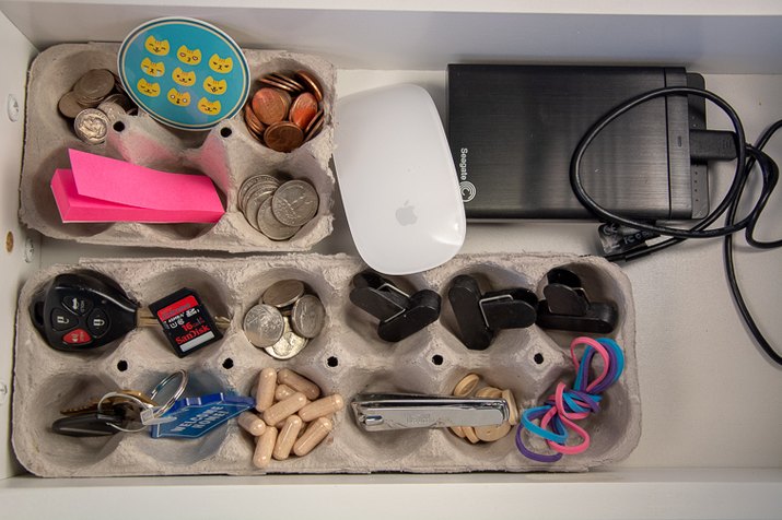an image of a drawer organizer made from an egg carton