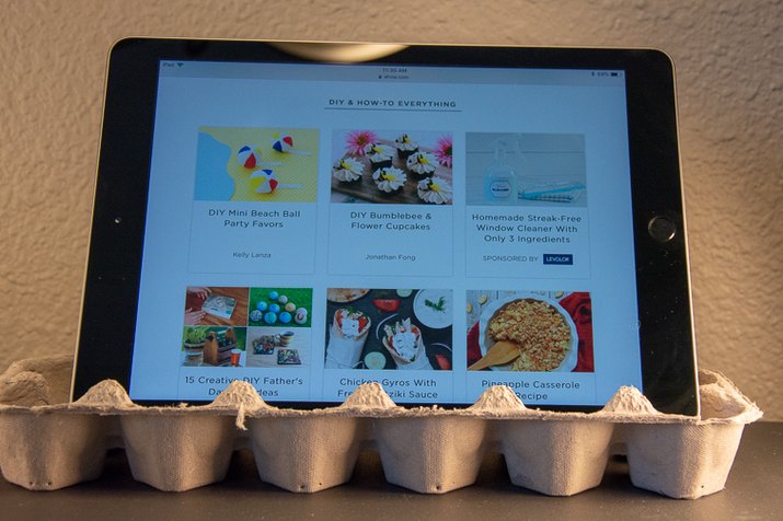 an image of a tablet stand made from an egg carton