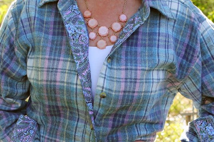 Plaid button-up shirt with added decorative trim