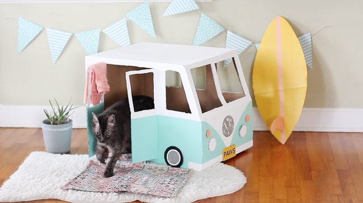 Create a cardboard bus cat house