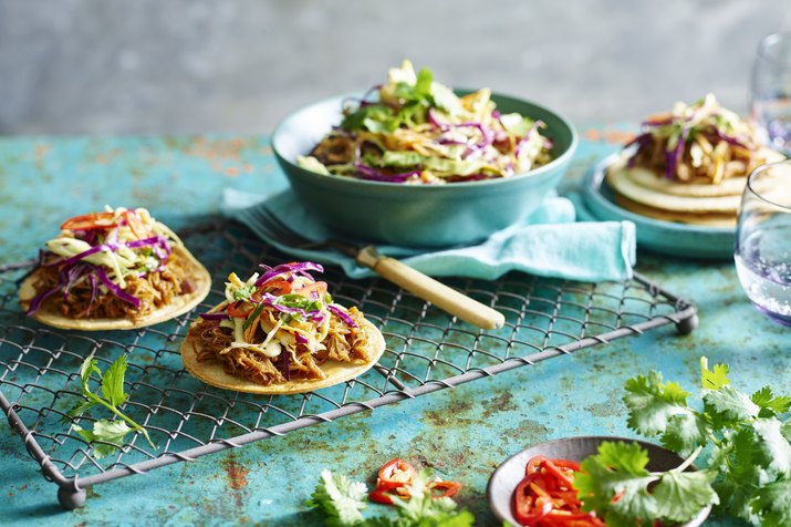 Pulled Chicken Tostada with Slaw