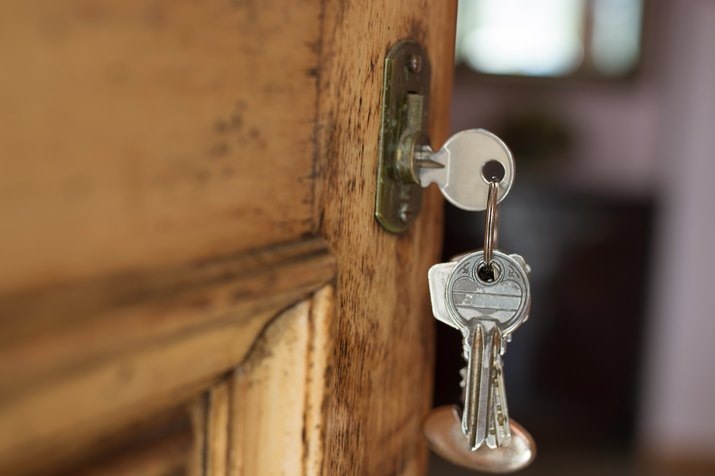 lock with keys in the old or retro door, vintage