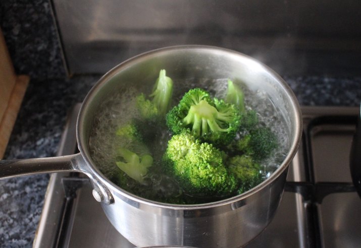 High Angle View Of Broccoli In Boiling Water