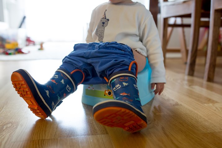 Children's legs in boots, hanging down from a chamber-pot on a home interior