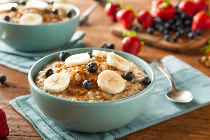 Homemade steel cut bowl of oatmeal in blue bowl