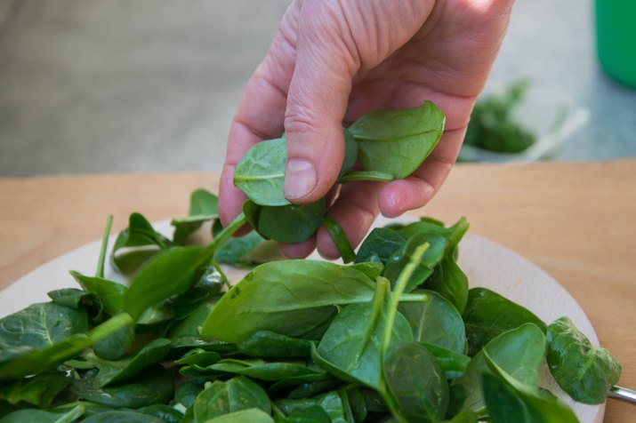 Close up of woman hands holding spinach at home, in the kitchen, healthy eating, dieting, vegetarian lifestyle food, people concept