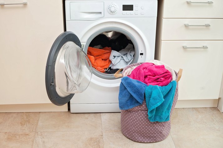 Laundry basket in front of a washing machine