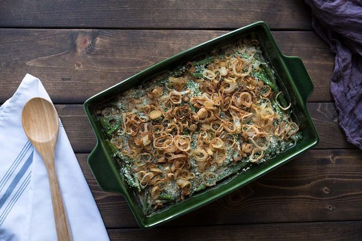 Classic green bean casserole with fried onions