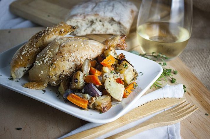 Roasted chicken and root vegetables