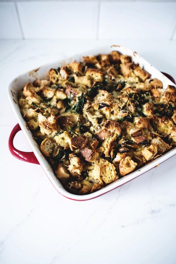 A casserole dish filled with freshly baked strata.