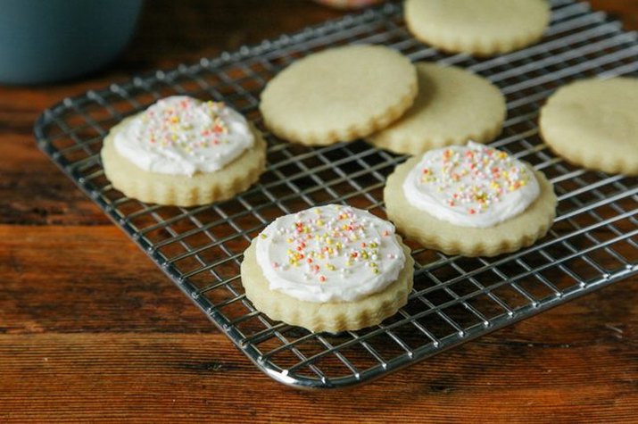 Sugar cookies topped with buttercream.