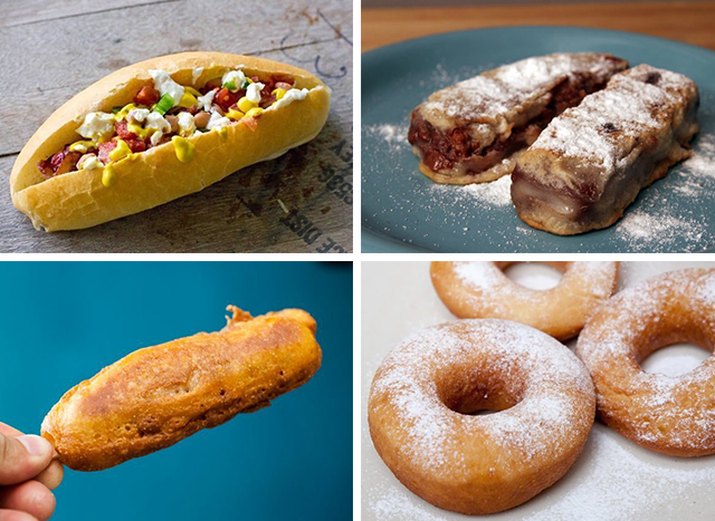 Hot dogs, corn dogs, donuts and deep fried snickers.